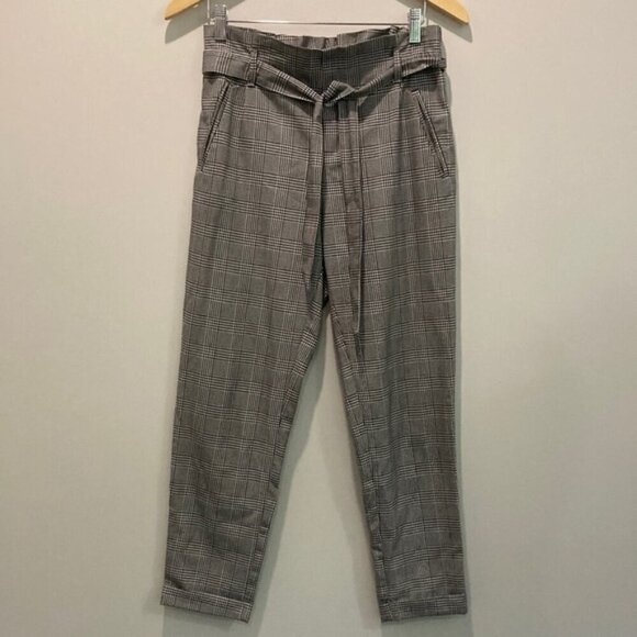 Zara Trafaluc Black And White Plaid Paper Bag Belted Trouser Pants - Picture 7 of 15